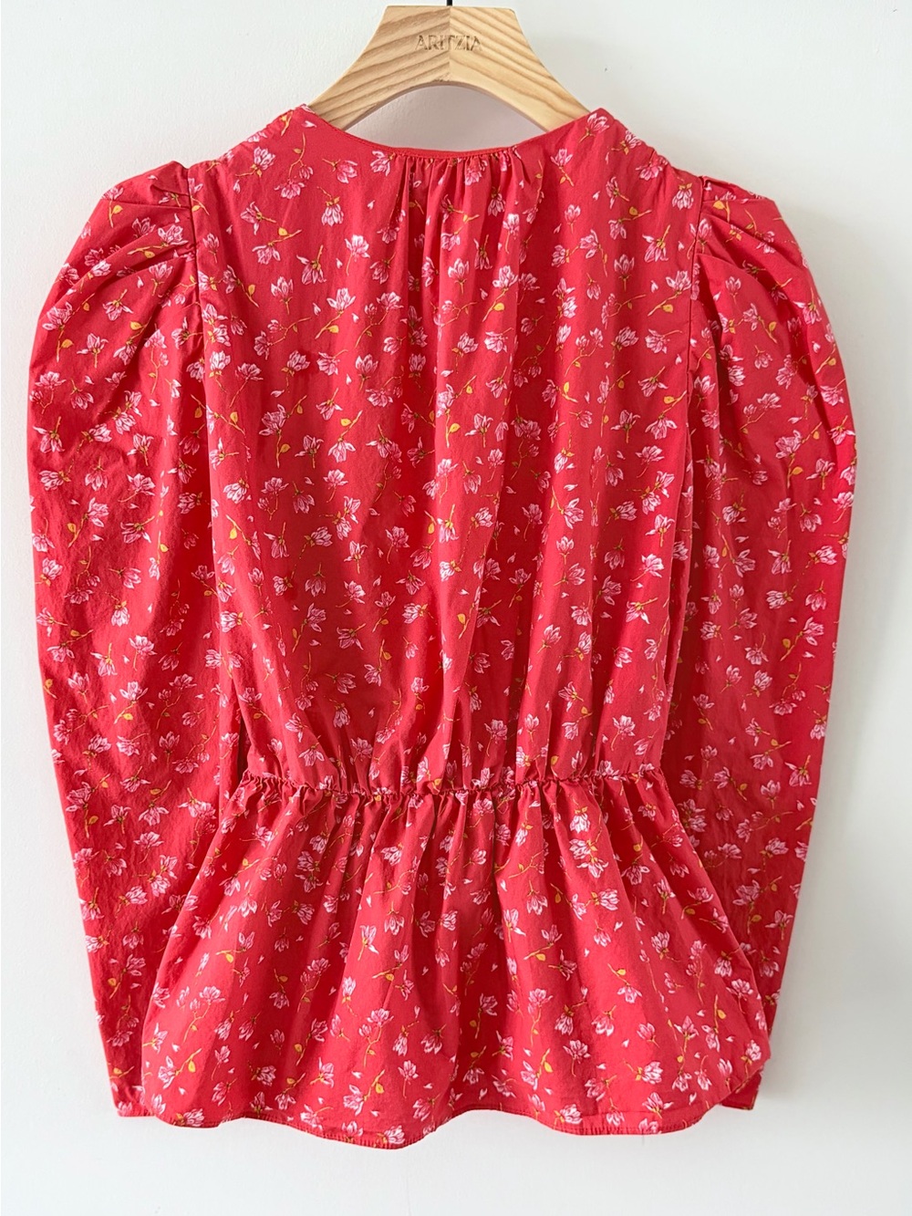 ZARA Floral Peplum Blouse XS Puff Sleeve Cottagecore Romantic Red Top - Picture 8 of 16